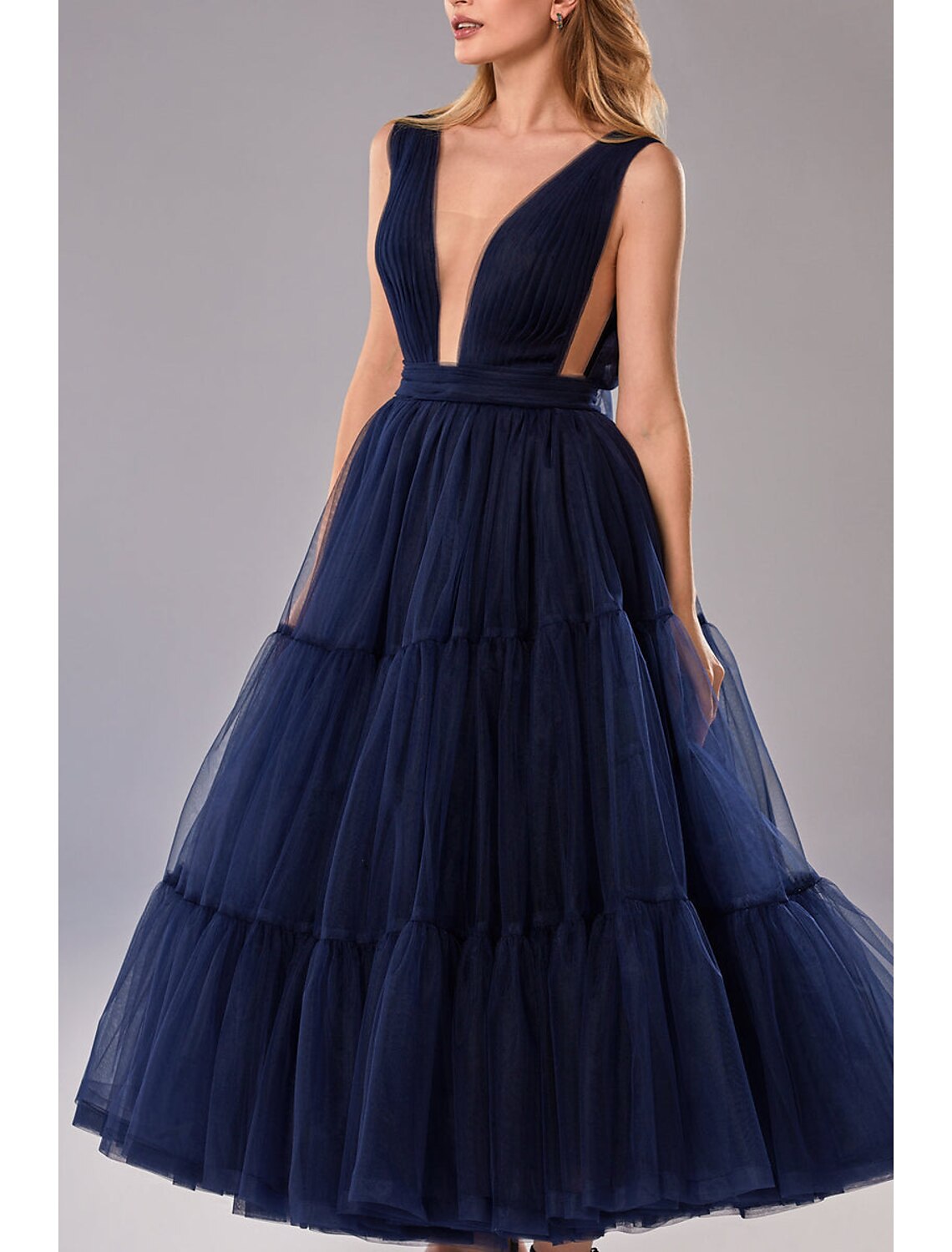 A-Line Prom Dresses Princess Dress Wedding Guest Tea Length Sleeveless V Neck Tulle with Bow(s) Pleats