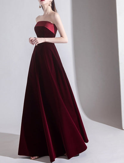 A-Line Bridesmaid Dress Strapless Sleeveless Elegant Floor Length Velvet with Sash / Ribbon