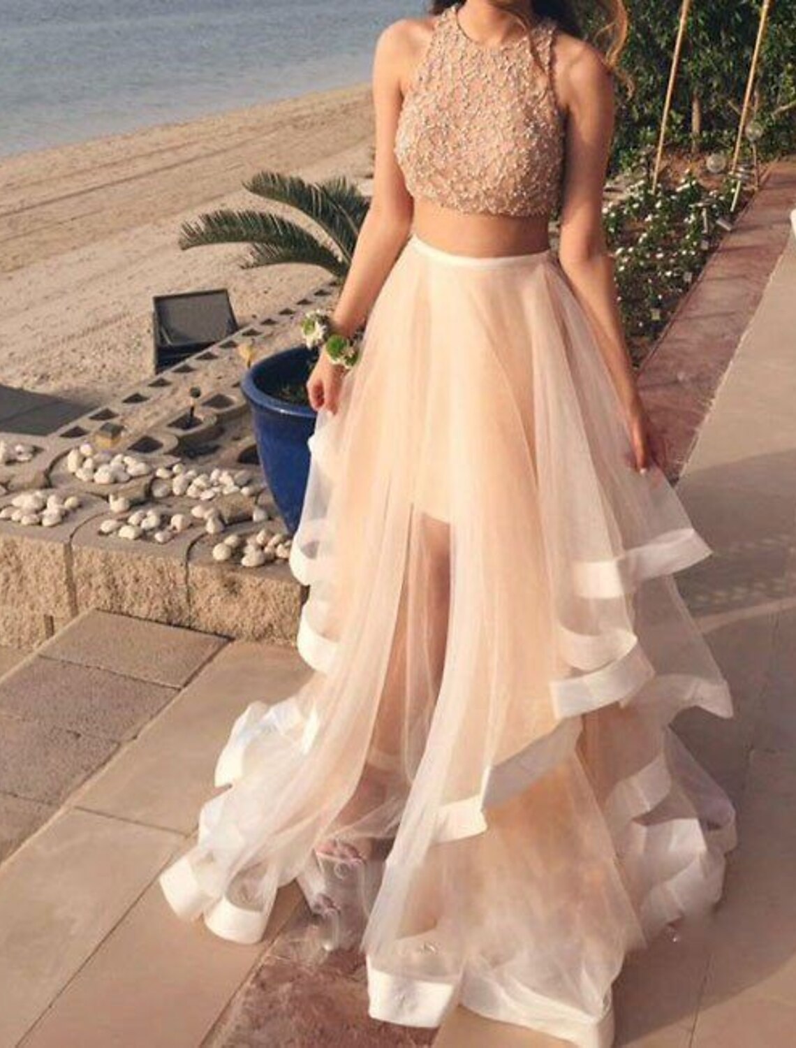 Two Piece Ball Gown Prom Dresses Sparkle & Shine Dress Party Wear Floor Length Sleeveless Halter Organza with Sequin