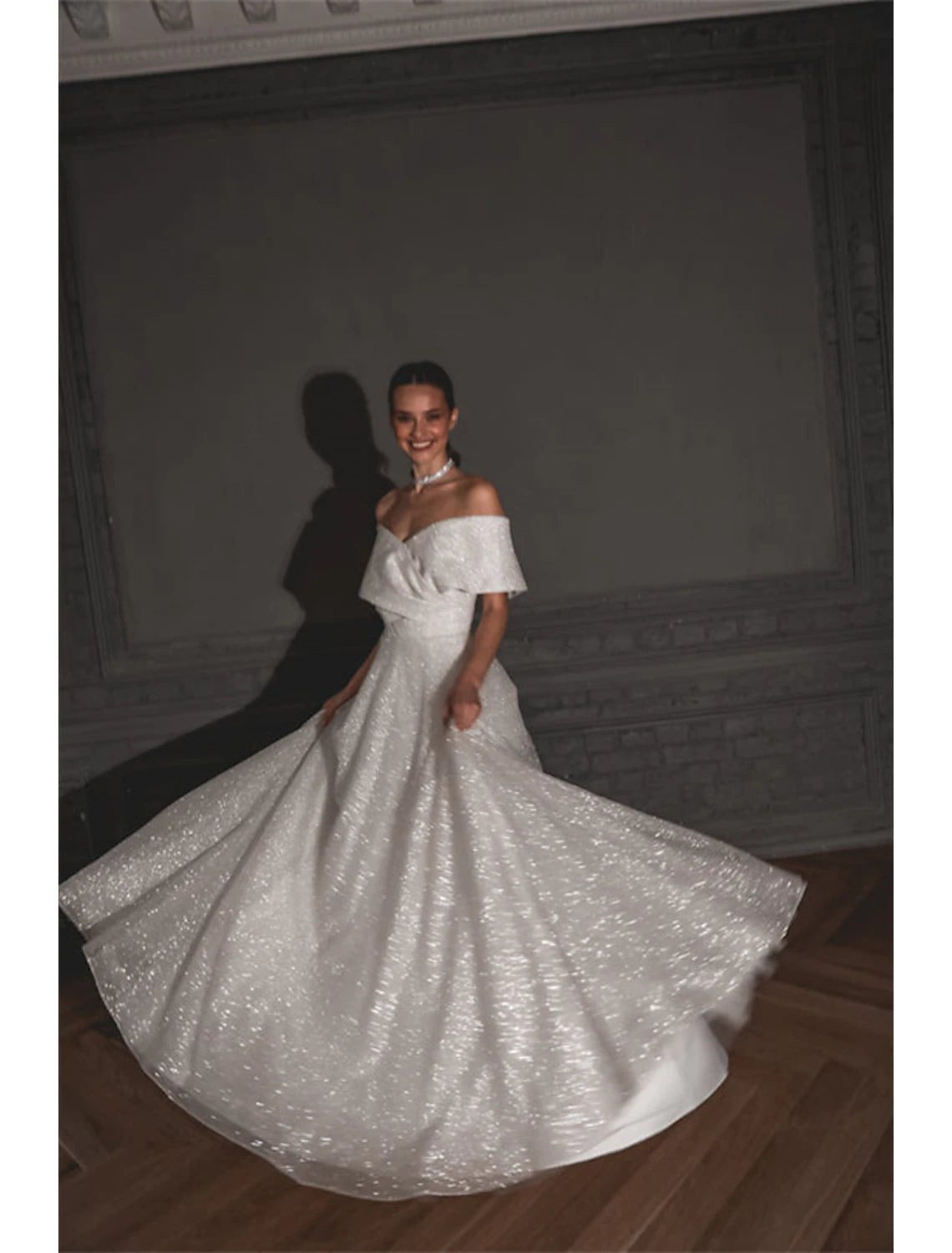 Hall Sparkle & Shine Casual Wedding Dresses A-Line Off Shoulder Cap Sleeve Sweep / Brush Train Sequined Bridal Gowns