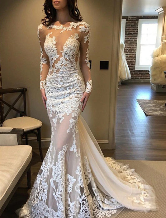 Engagement Formal Wedding Dresses Mermaid / Trumpet Jewel Neck Long Sleeve Court Train Lace Bridal Gowns With Pleats Appliques