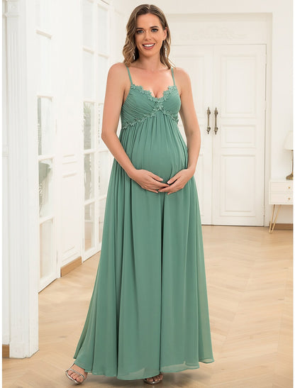 A-Line Evening Gown Maternity Dress Wedding Guest Floor Length Sleeveless V Neck Chiffon V Back with Draping