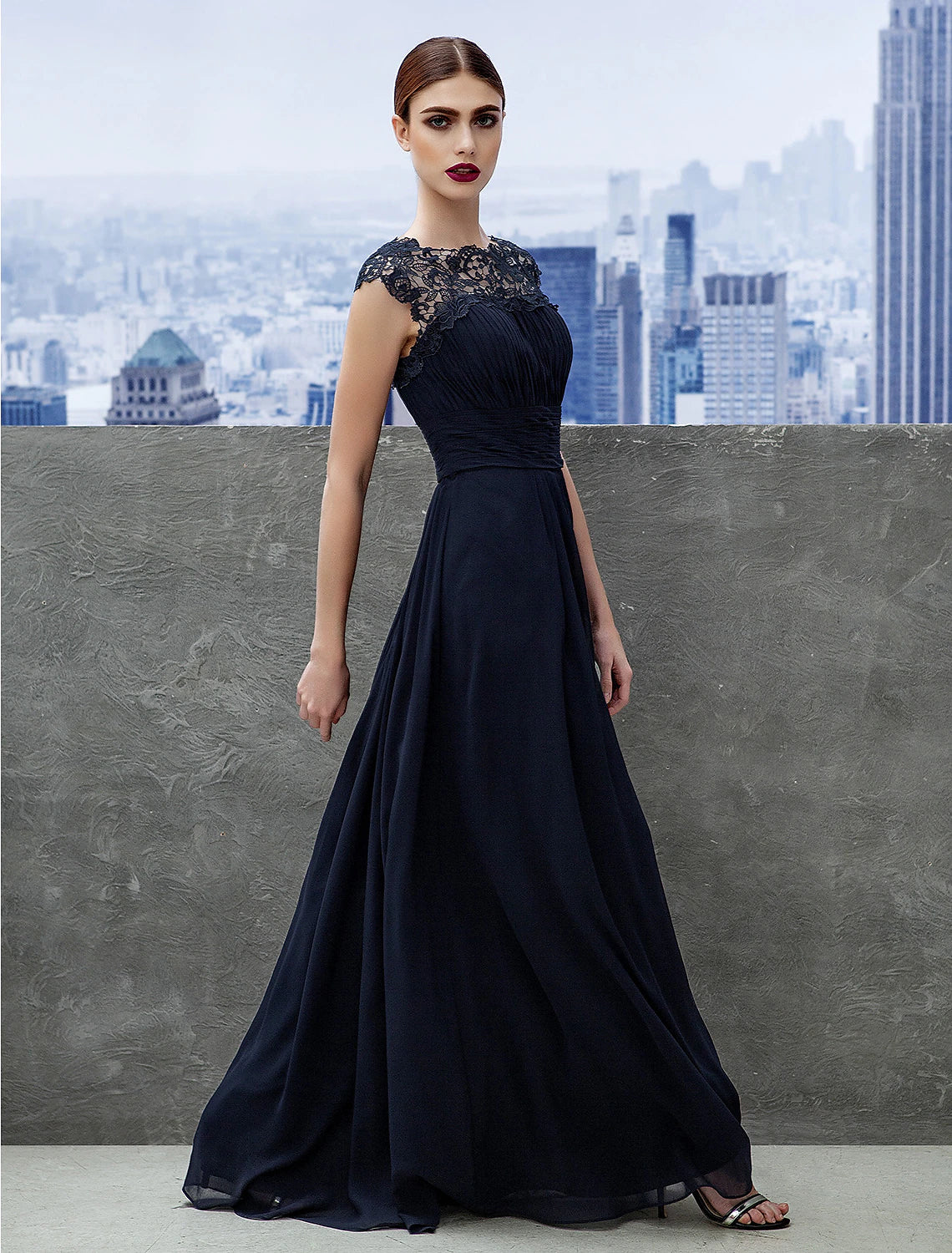 A-Line Evening Gown Empire Dress Wedding Guest Floor Length Short Sleeve Boat Neck Chiffon with Ruched Lace Insert