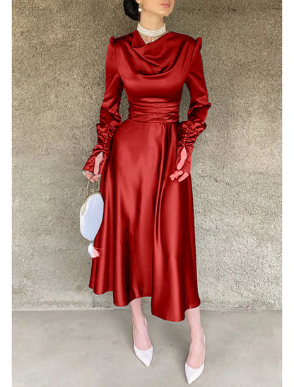 A-Line Cocktail Dress Red Green Dresses Elegant Dress Wedding Guest Fall Tea Length Long Sleeve Cowl Neck Bridesmaid Dress Red Green Dress Satin with Ruched