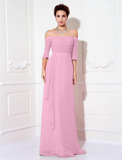 Sheath / Column Minimalist Dress Wedding Guest Formal Evening Sweep / Brush Train Half Sleeve Off Shoulder Bridesmaid Dress Chiffon with Ruched Draping