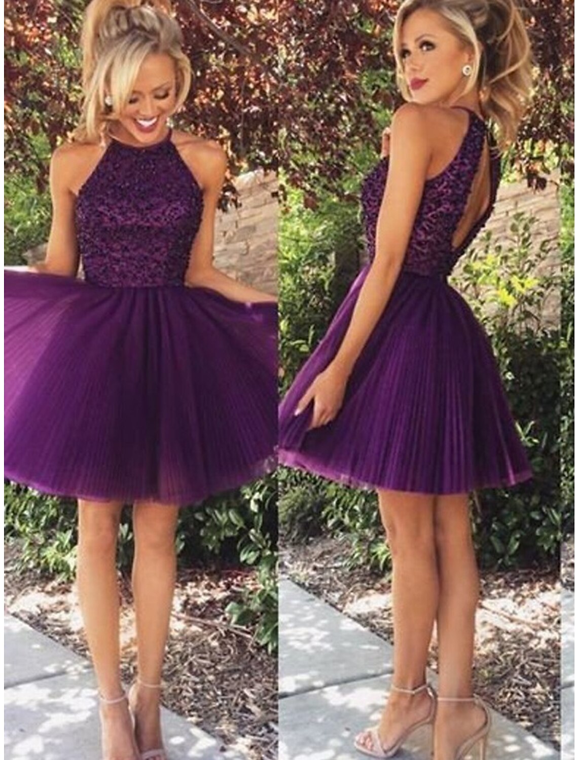 A-Line Cocktail Dresses Party Dress Homecoming Short / Mini Sleeveless Jewel Neck Lace Backless with Beading Appliques