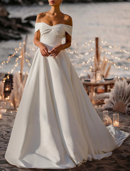 Hall Formal Wedding Dresses A-Line Off Shoulder Short Sleeve Court Train Satin Bridal Gowns With Pleats Ruched