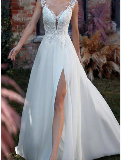 Beach Formal Wedding Dresses A-Line V Neck Sleeveless Court Train Lace Bridal Gowns With Pleats Split Front