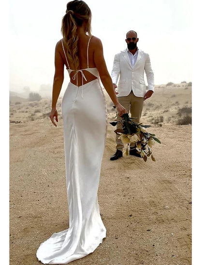 Beach Open Back Casual Wedding Dresses Sheath / Column Square Neck Camisole Spaghetti Strap Sweep / Brush Train Charmeuse Bridal Gowns With Ruched Solid Color