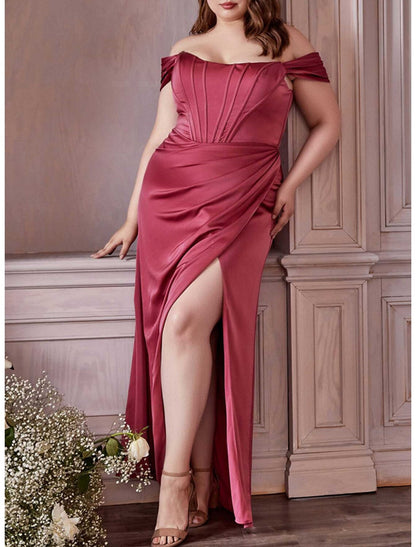 Mermaid / Trumpet Plus Size Curve Formal Dresses Corsets Dress Formal Wedding Guest Floor Length Sleeveless Off Shoulder Charmeuse with Ruched Slit