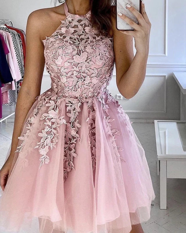 A-line Appliques Halter Tulle Short Prom Dresses