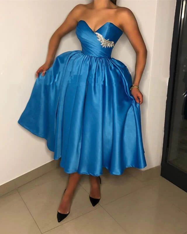 A-line Satin Strapless Tea Length Prom Dresses