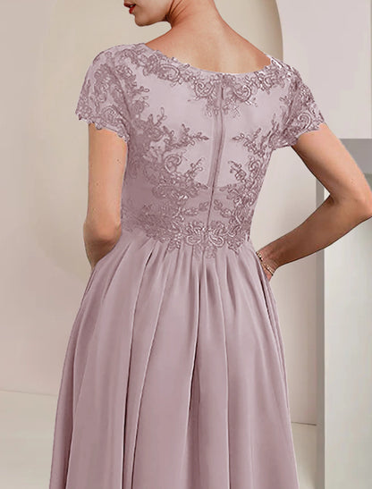 Two Piece A-Line Mother of the Bride Dress Formal Wedding Guest Elegant V Neck Asymmetrical Tea Length Chiffon Lace Short Sleeve Wrap Included with Pleats Applique