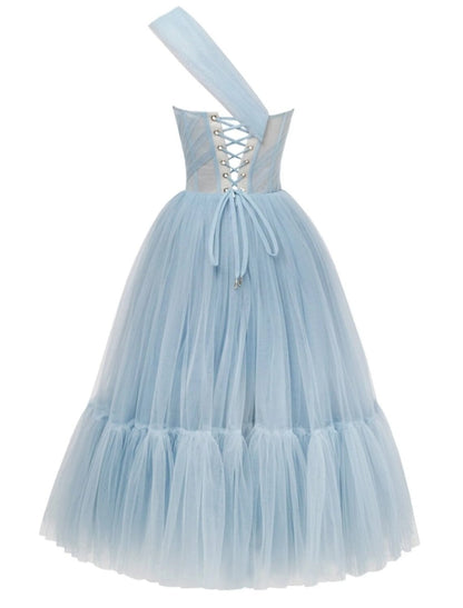 A-Line Prom Dresses Elegant Dress Formal Tea Length Sleeveless One Shoulder Tulle with Pleats