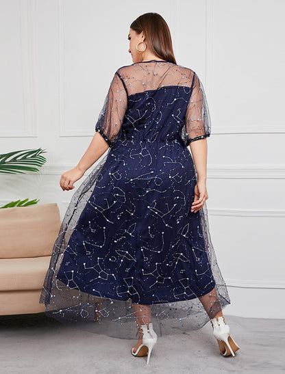 Plus Size Curve Mother of the Bride Dress Party Sparkle & Shine Scoop Neck Ankle Length Tulle Half Sleeve with Sequin Embroidery