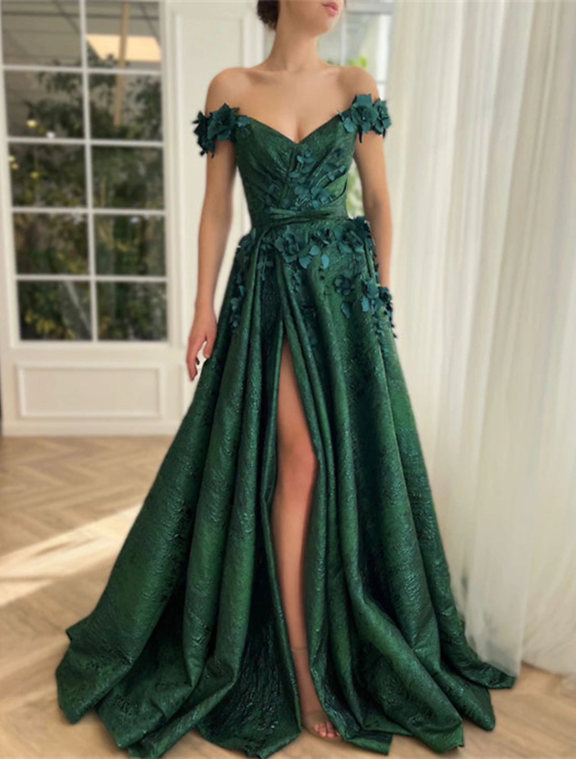 A-Line Prom Dresses Floral Dress Wedding Guest Wedding Party Court Train Sleeveless Off Shoulder Satin with Slit Appliques