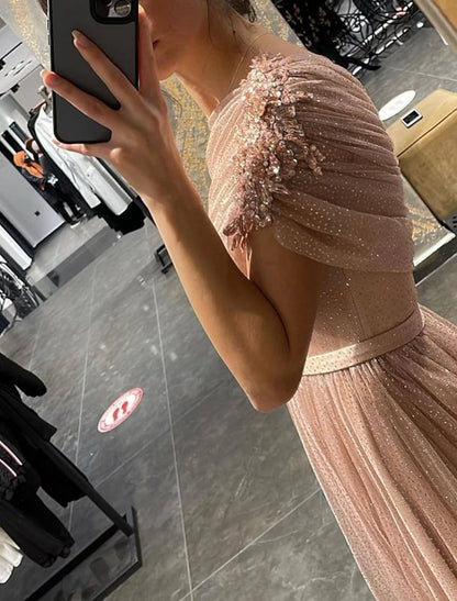 A-Line Evening Gown Glittering Dress Wedding Prom Court Train Sleeveless One Shoulder Tulle with Glitter Ruched Appliques