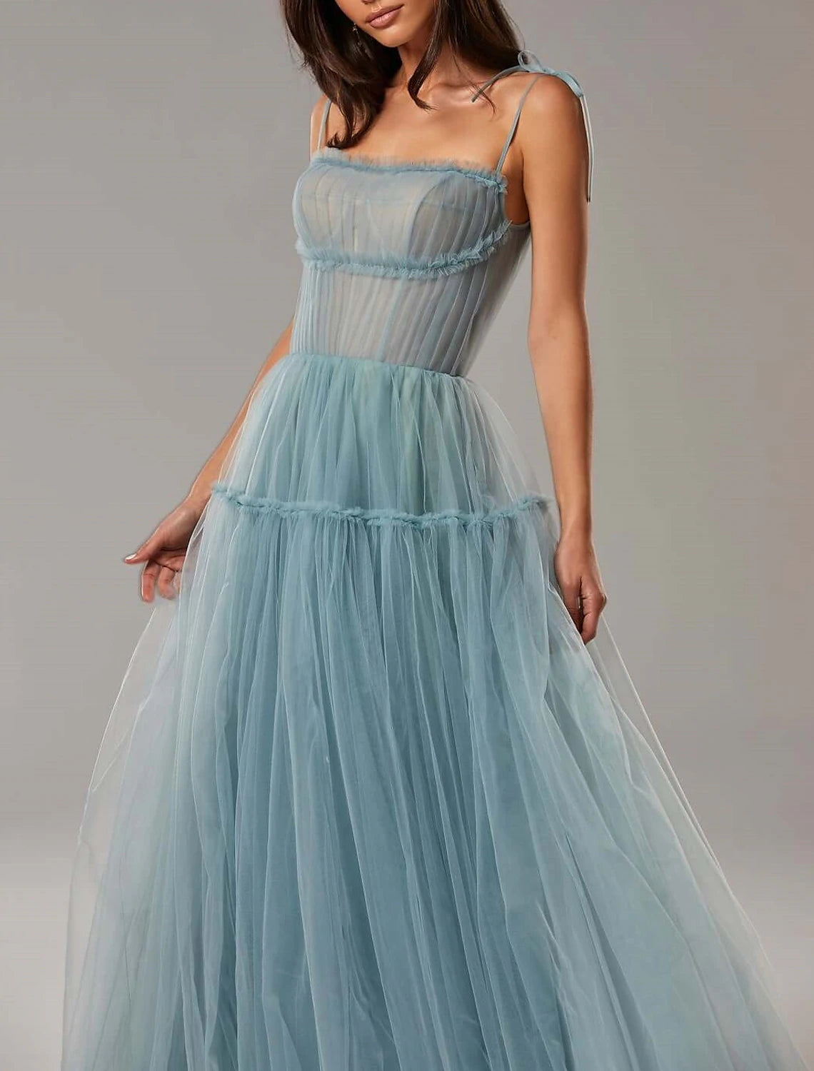 A-Line Prom Dresses Elegant Dress Wedding Guest Floor Length Sleeveless Spaghetti Strap Tulle with Pleats Ruffles