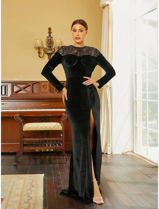 A-Line Evening Gown Elegant Dress Formal Fall Sweep / Brush Train Long Sleeve Jewel Neck Velvet with Sequin Slit