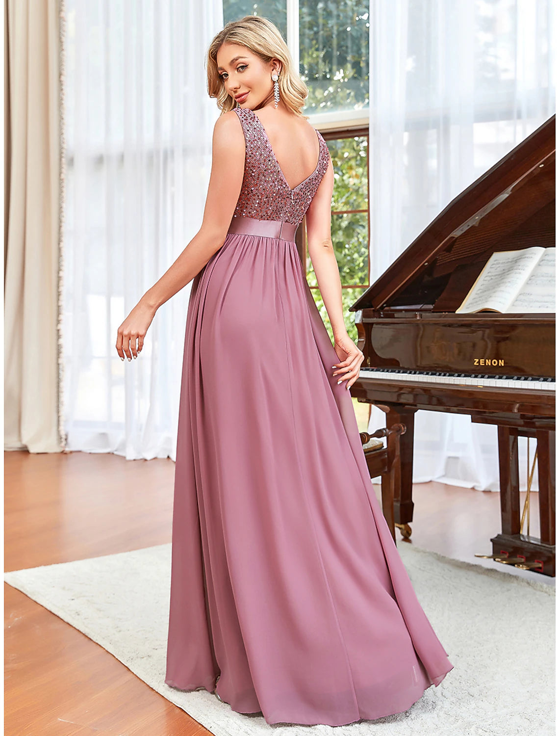 A-Line Prom Dresses Elegant Dress Wedding Guest Floor Length Sleeveless V Neck Chiffon V Back with Draping