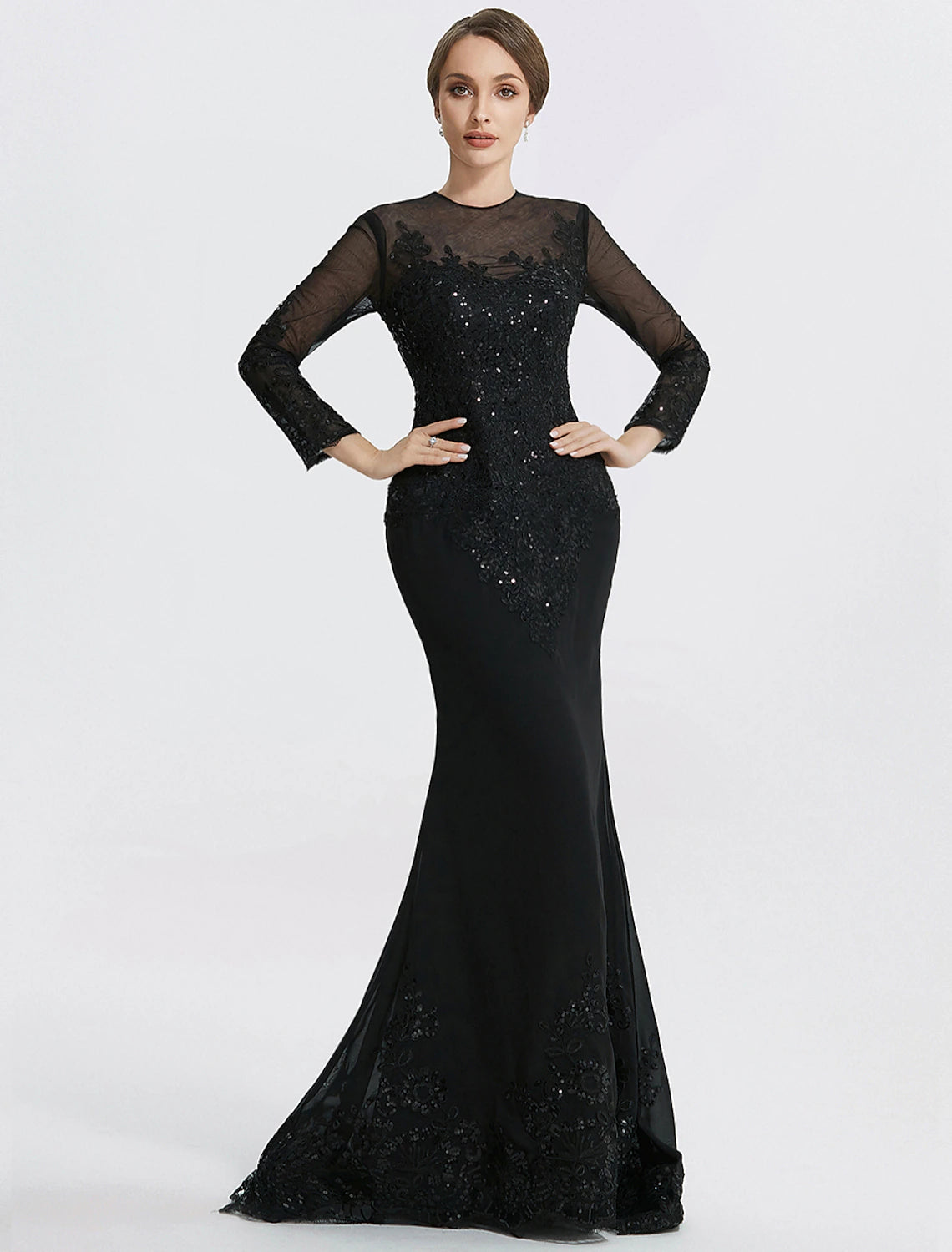 Mermaid / Trumpet Sheath / Column Evening Gown Elegant Dress Formal Floor Length Long Sleeve Jewel Neck Lace with Appliques