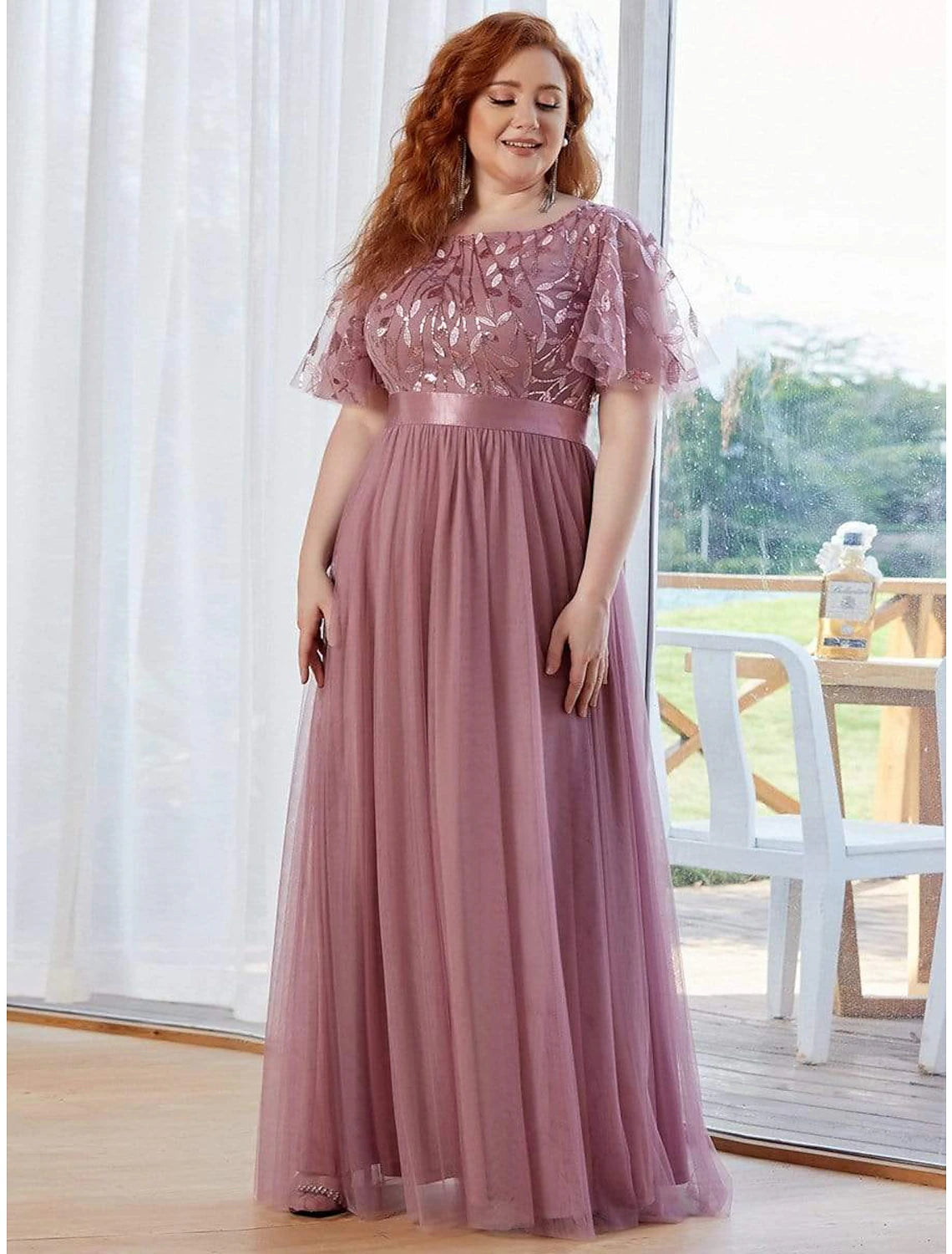 A-Line Empire Elegant Party Wear Prom Dress Jewel Neck Short Sleeve Floor Length Tulle with Embroidery