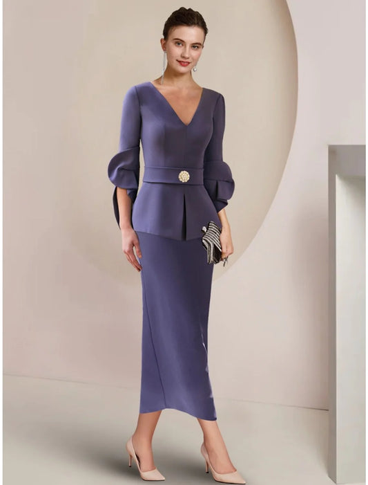 A-Line Mother of the Bride Dress Wedding Guest Elegant V Neck Ankle Length Stretch Fabric Half Sleeve with Crystal Brooch Ruching