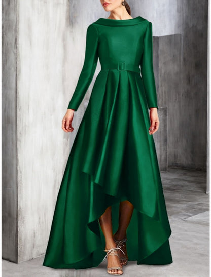 A-Line Cocktail Dresses Elegant Dress Birthday Fall Asymmetrical Long Sleeve Scoop Neck Satin with Pleats Strappy