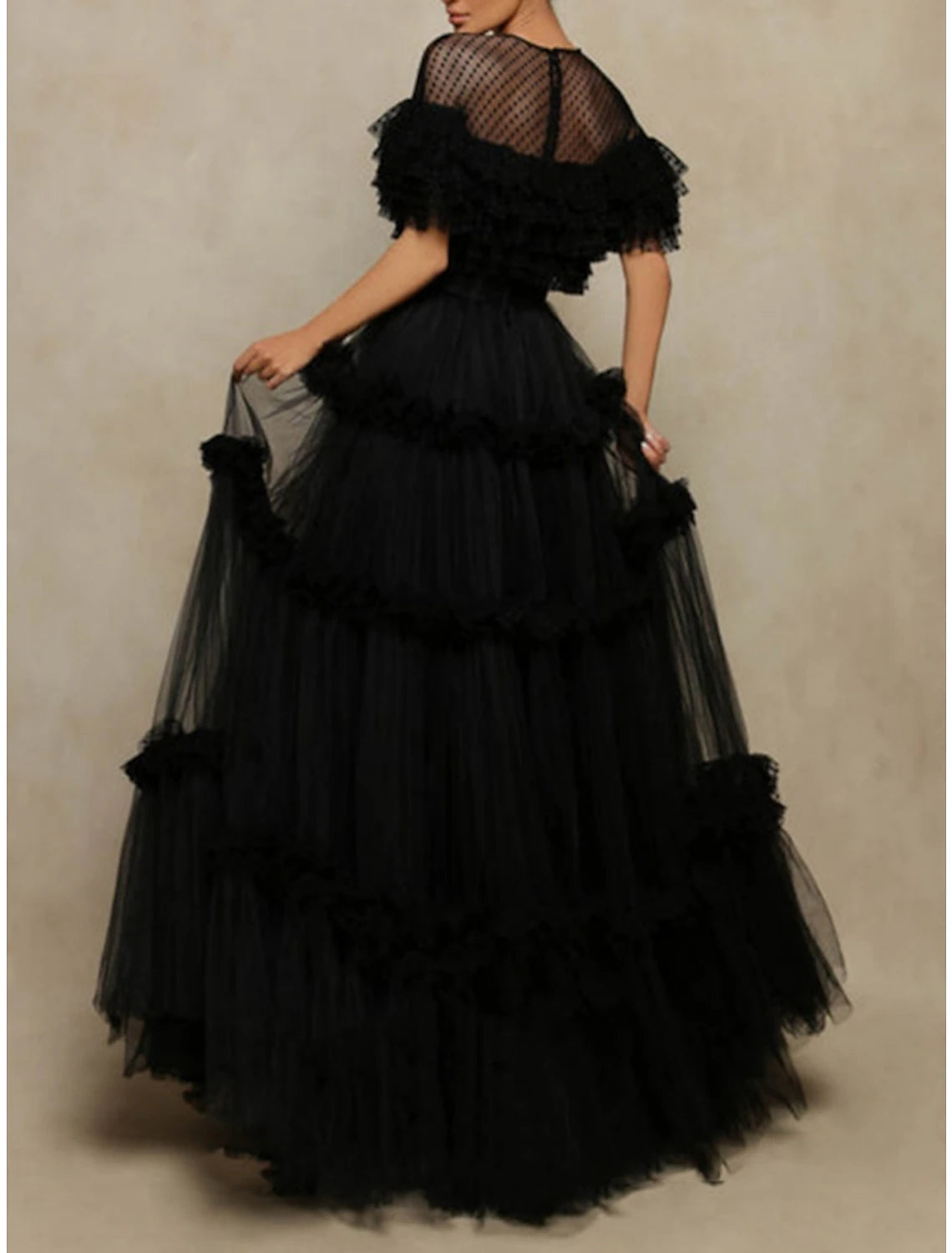 A-Line Prom Dresses Elegant Dress Formal Floor Length Black Dress Short Sleeve Jewel Neck Tulle with Pleats Ruffles