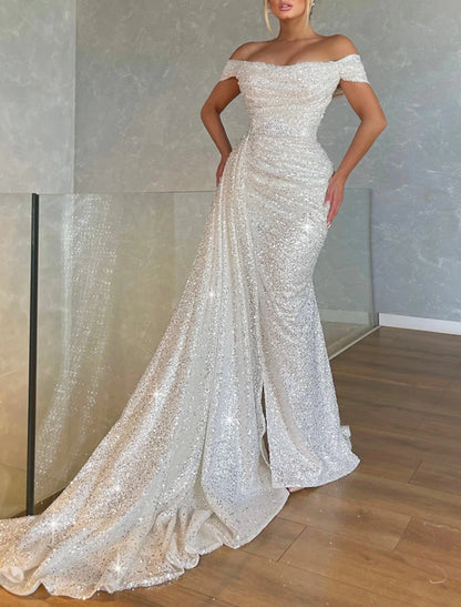 Mermaid / Trumpet Evening Gown Sparkle & Shine Dress Formal Wedding Court Train Sleeveless Off Shoulder Tulle with Glitter Sequin