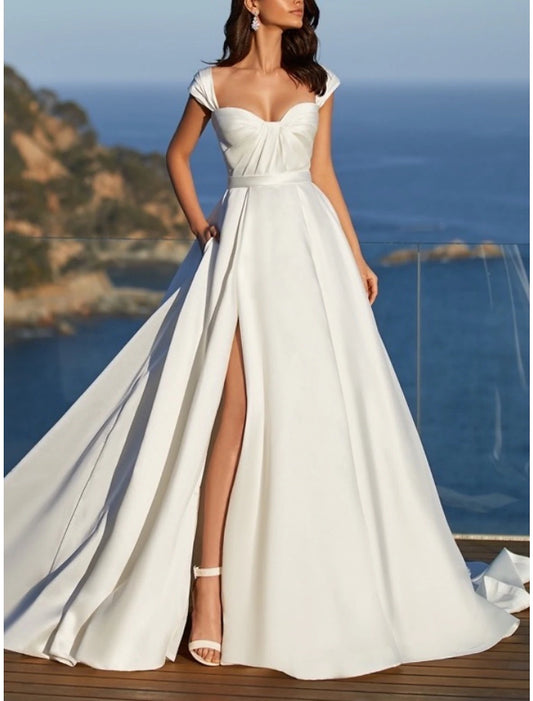 Beach Simple Wedding Dresses A-Line Sweetheart Cap Sleeve Court Train Satin Bridal Gowns With Pleats Split Front