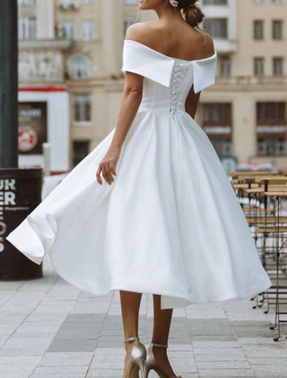 Reception Wedding Dresse Vintage Little White Dressess A-Line Off Shoulder Cap Sleeve Tea Length Satin Bridal Gowns With Pleats Summer Fall Wedding Party