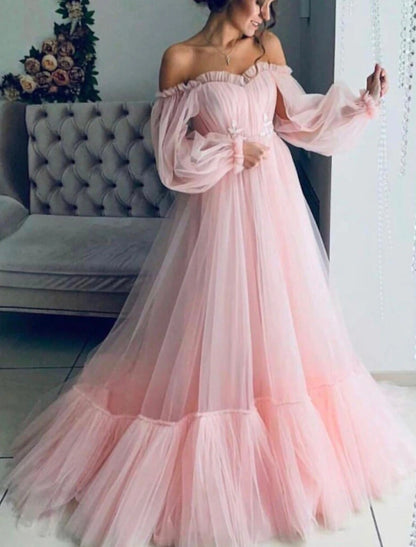 A-Line Minimalist Elegant Engagement Prom Dress Off Shoulder Long Sleeve Floor Length Tulle with Pleats Appliques