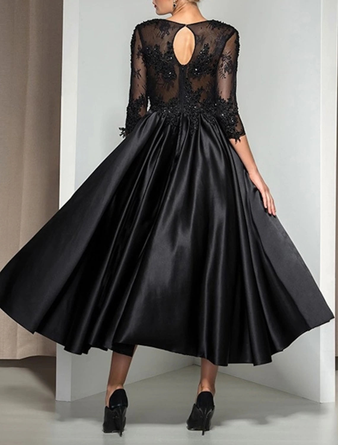 A-Line Evening Gown Elegant Dress Wedding Guest Cocktail Party Ankle Length 3/4 Length Sleeve Illusion Neck Fall Wedding Guest Satin with Appliques