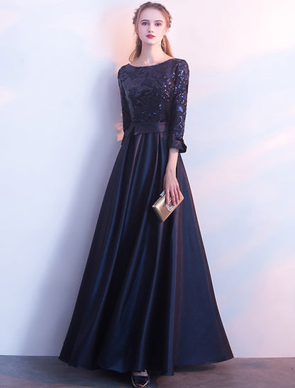 A-Line Glittering Elegant Prom Formal Evening Dress Jewel Neck 3/4 Length Sleeve Floor Length Satin with Sequin