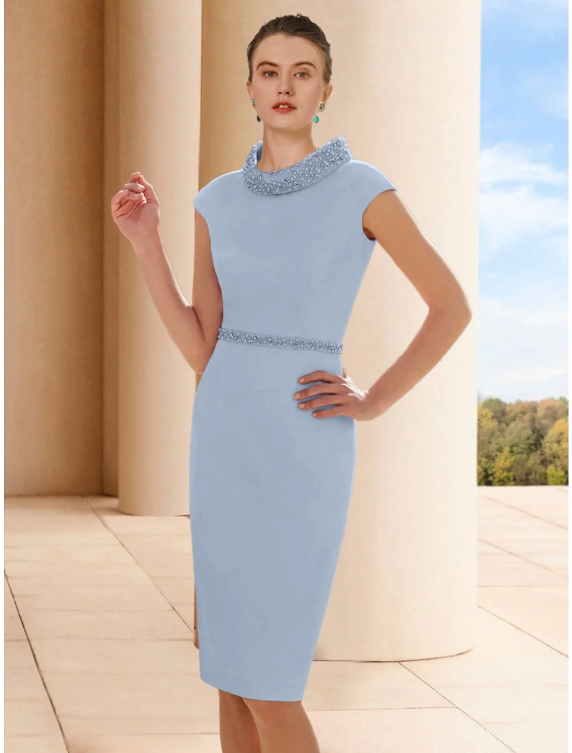 Two Piece Sheath / Column Mother of the Bride Dress Wedding Guest Elegant Petite Scoop Neck Knee Length Satin 3/4 Length Sleeve with Feather Beading