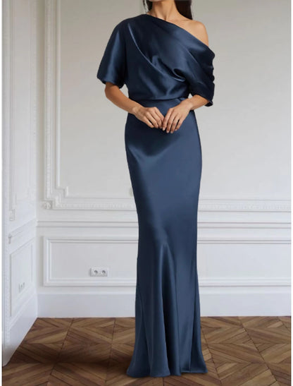 Sheath / Column Formal Evening Gown Elegant Dress Formal Floor Length Half Sleeve Off Shoulder Satin with Pleats Ruched