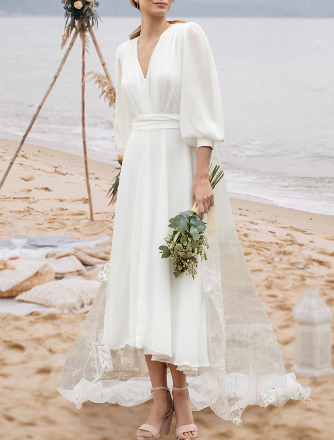 Little White Dresses Wedding Dresses A-Line V Neck Half Sleeve Asymmetrical Chiffon Bridal Gowns With Ruched Solid Color