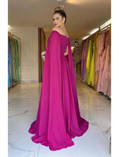 A-Line Evening Gown Elegant Dress Formal Sweep / Brush Train Sleeveless Off Shoulder Capes Chiffon with Pleats