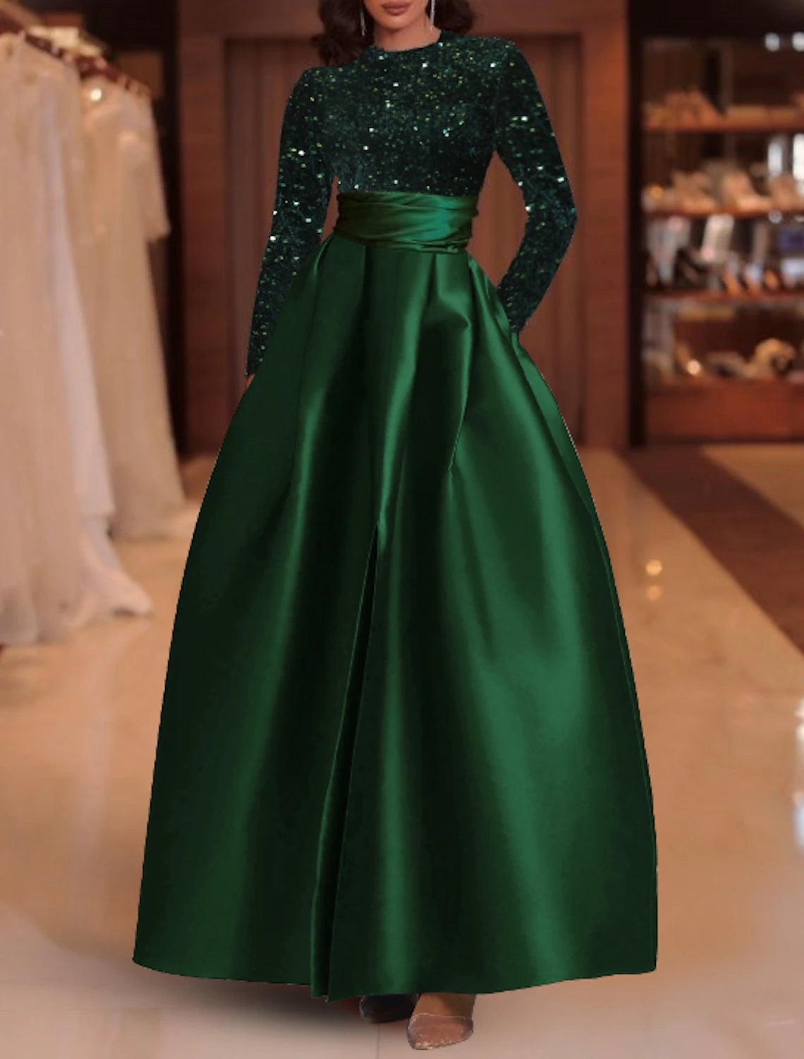 A-Line Evening Gown Elegant Dress Christmas Wedding Guest Floor Length Long Sleeve Jewel Neck Satin with Sequin