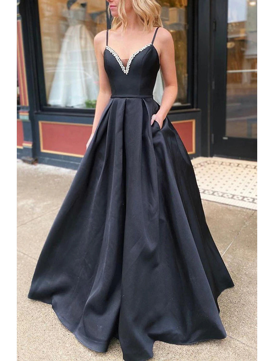 A-Line Prom Dresses Open Back Dress Formal Wedding Guest Floor Length Sleeveless V Neck Pocket Stretch Satin Backless with Pleats Beading Pocket