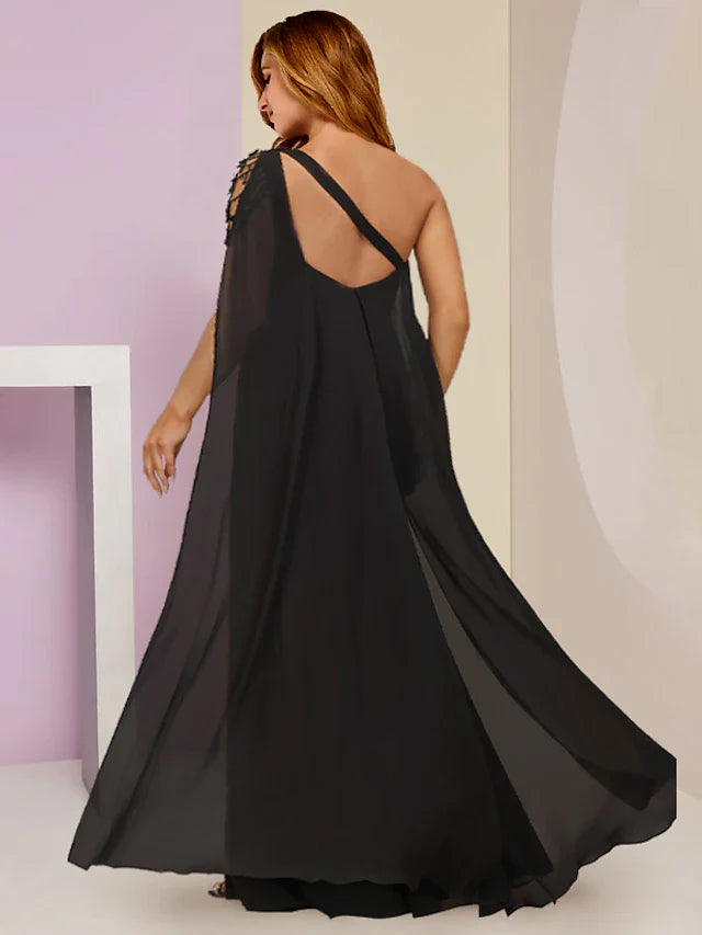 Plus Size Curve Mother of the Bride Dress Wedding Guest Party Sexy One Shoulder Floor Length Chiffon Sleeveless with Beading Split Front