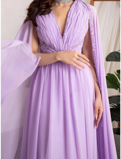 A-Line Evening Gown Elegant Dress Formal Fall Court Train Long Sleeve V Neck Chiffon with Pleats Sequin