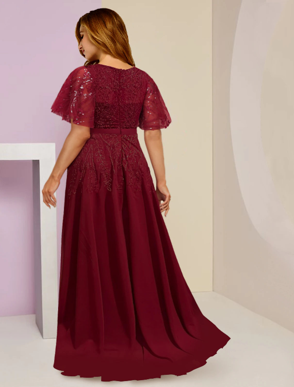 Plus Size Curve Mother of the Bride Dress Wedding Guest Elegant Sparkle & Shine V Neck Floor Length Chiffon Lace Sequined Short Sleeve with Pleats Split Front