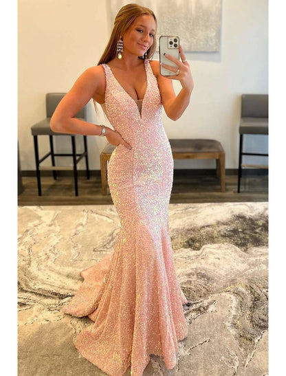 Mermaid / Trumpet Prom Dresses Sparkle & Shine Dress Formal Sweep / Brush Train Sleeveless V Neck Sequined Backless with Sequin