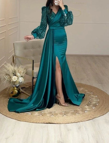 Mermaid / Trumpet Evening Gown Sparkle & Shine Dress Formal Court Train Long Sleeve V Neck Fall Wedding Guest Charmeuse with Sequin Slit