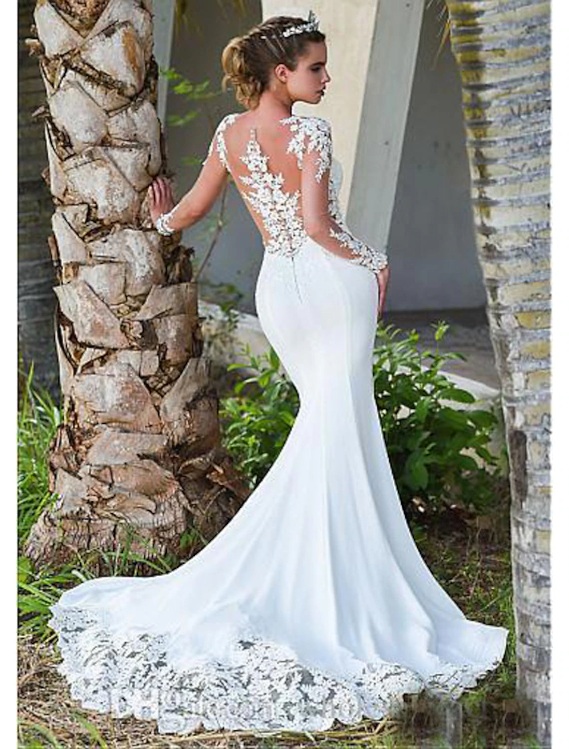 Engagement Open Back Formal Wedding Dresses Mermaid / Trumpet Illusion Neck Long Sleeve Court Train Lace Bridal Gowns With Appliques