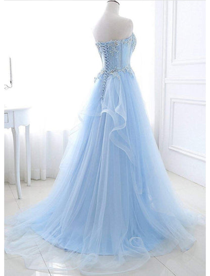 A-Line Sexy Floral Engagement Prom Birthday Dress Strapless Sleeveless Sweep / Brush Train Lace with Pleats Lace Insert