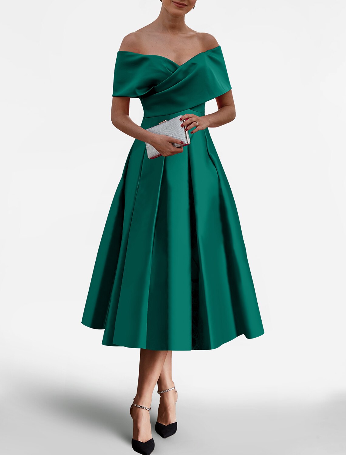 A-Line Cocktail Dresses Elegant Dress Wedding Guest Tea Length Short Sleeve Off Shoulder Satin with Pocket