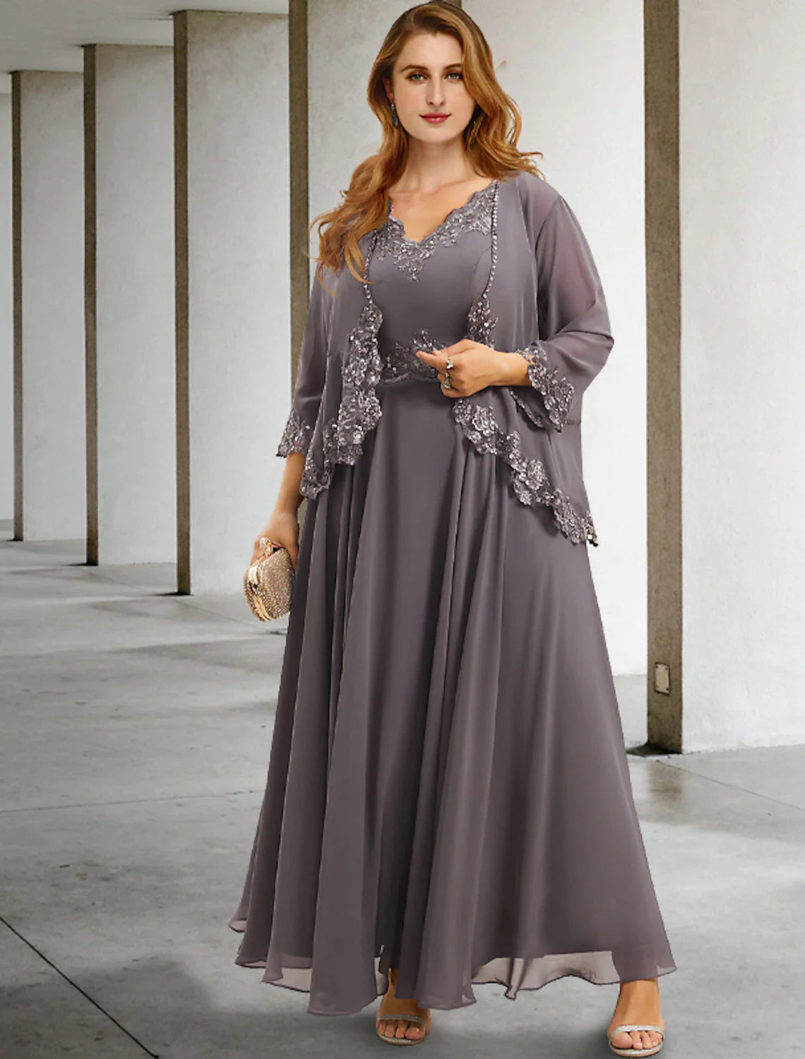 Two Piece A-Line Wedding Guest Dresses Plus Size Hide Belly Elegant Dress Formal Tea Length Sleeveless V Neck Chiffon with Appliques